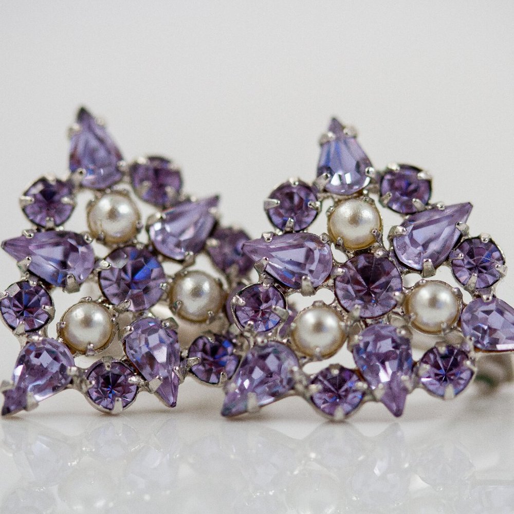B. David purple Rhinestone and pearl (faux) clip on earrings.